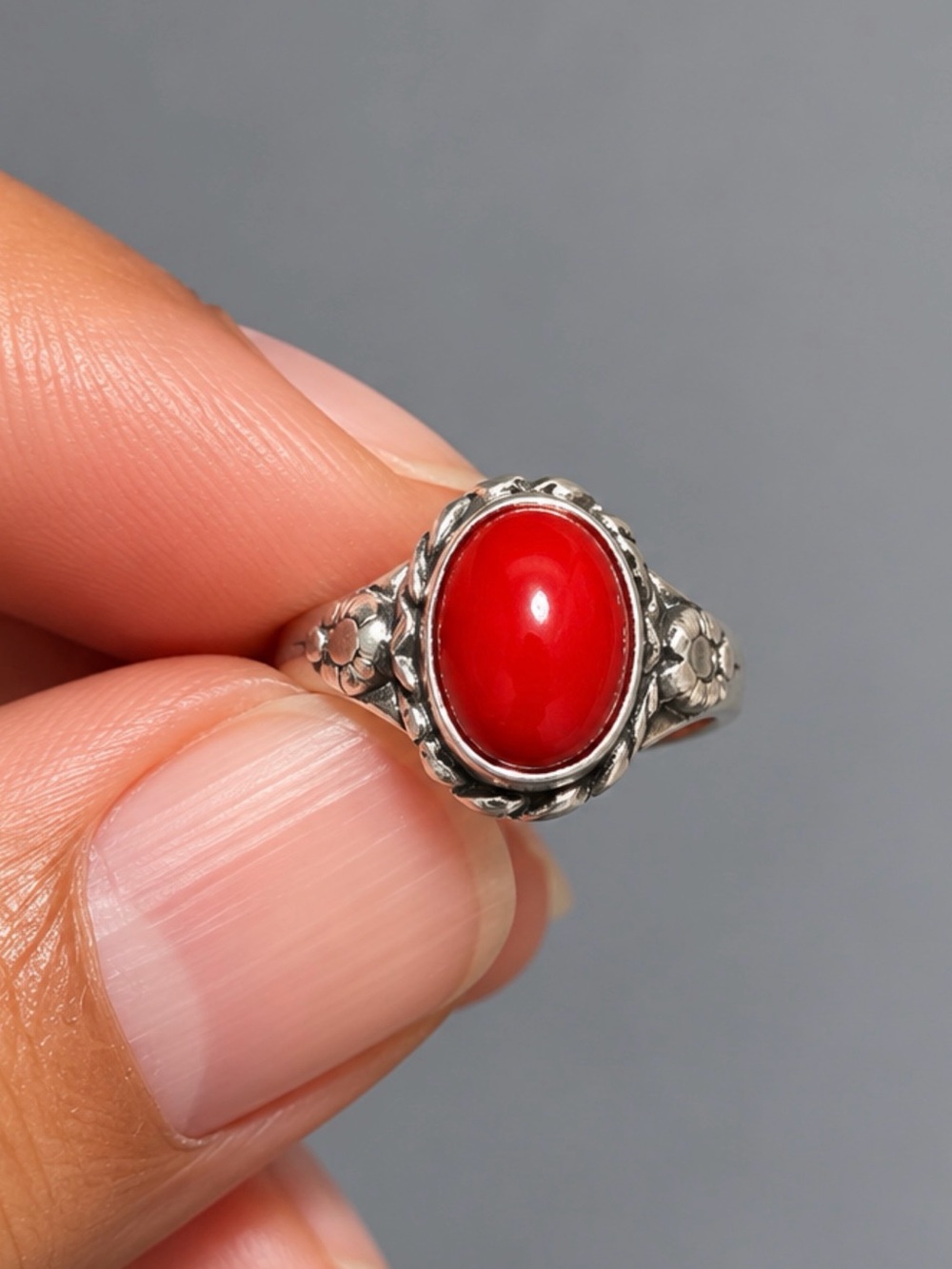 Sterling Silver Red Oval Stone Floral Ring